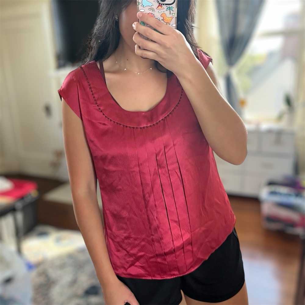 Talbots 100% silk blouse, short sleeve, cranberry red w/ brown bead neckline Sz6